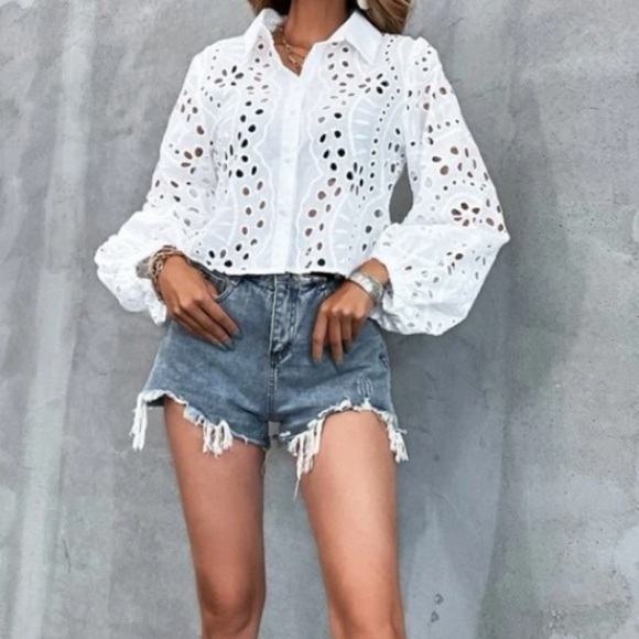 White Eyelet button down crop  top - Picture 5 of 6